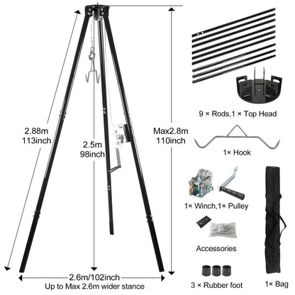 Deer Hoist Stand: A Sturdy Tripod Rack with Gambrel and Manual Winch, Ideal for Hunting, Skinning, and Field Dressing - Supporting up to 500 lbs.