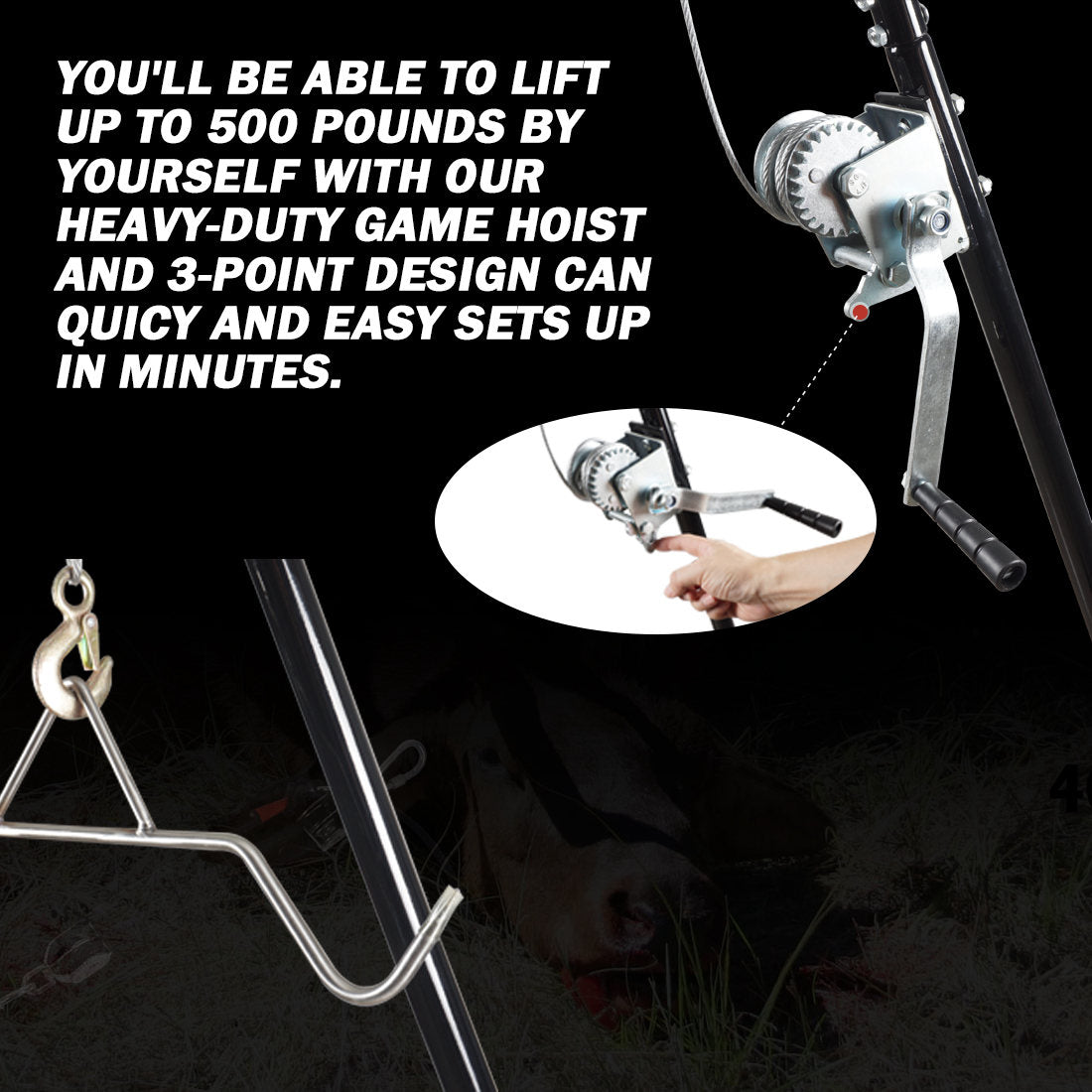 Deer Hoist Stand: A Sturdy Tripod Rack with Gambrel and Manual Winch, Ideal for Hunting, Skinning, and Field Dressing - Supporting up to 500 lbs.