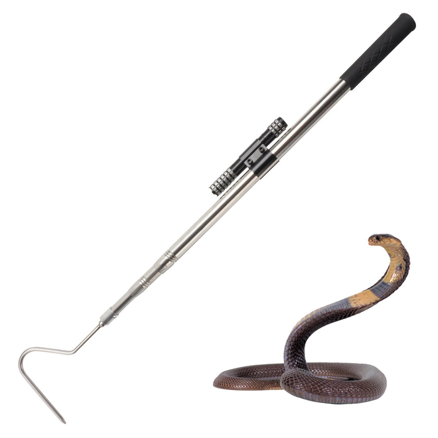 Snake Hook Catcher Tool Kit features a 59-inch tongs grabber hook stick designed for safely handling various snakes, including rattlesnakes, pythons, copperheads, and other reptiles during removal.