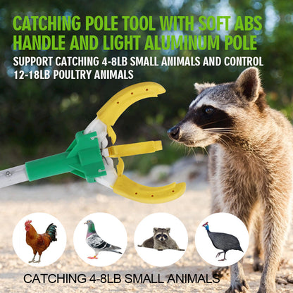 Animal control catcher pole tool designed for capturing small animals like dogs, cats, raccoons, possums, skunks, birds, chickens, pigeons, and other small animals.