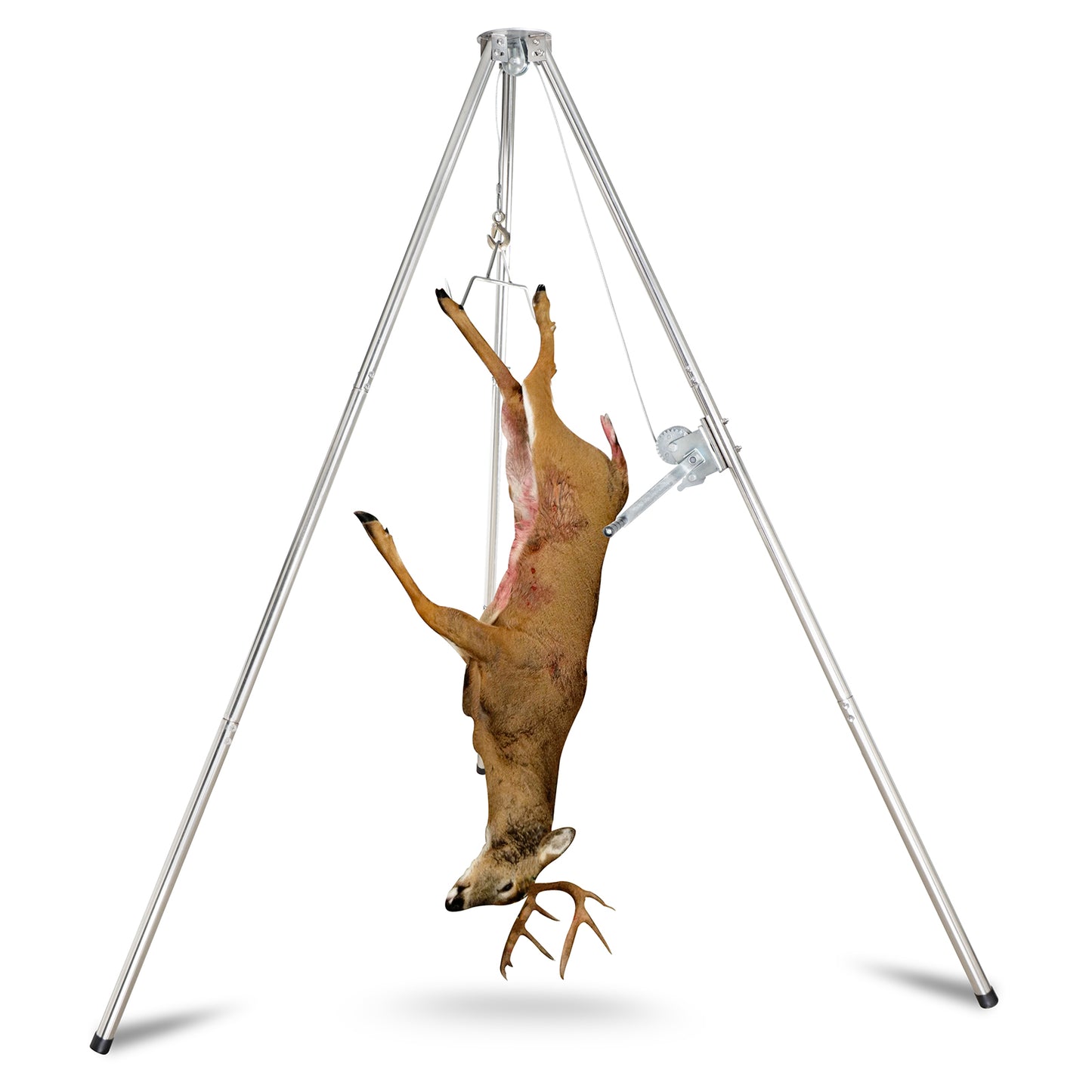 Stainless Steel Deer Game Hoist: A Robust Stand for Hunting, Processing, and Skinning, Equipped with a 500lb Capacity Gambrel and Manual Winch for Heavy-Duty Use.