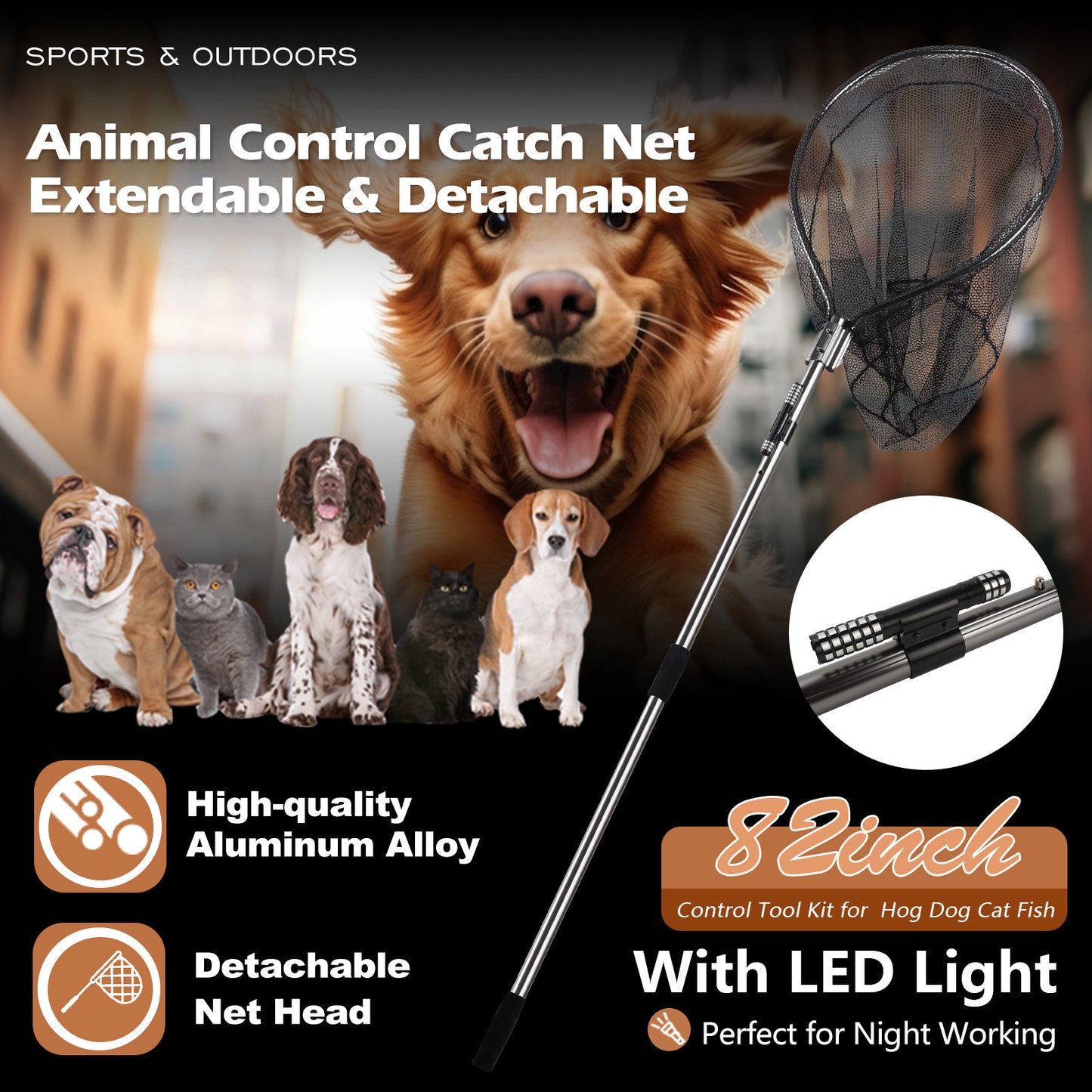 Dog Catch Net Animal, Control Catch Net and a Poultry Wildlife Catch Net, functioning as an Animal Catch Pole for dogs, cats, chickens, geese, ducks, skunks, raccoons, birds, and fish.