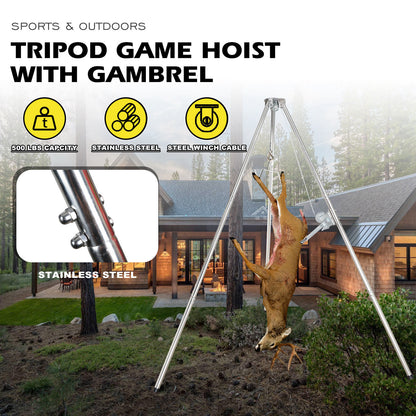 Stainless Steel Deer Game Hoist: A Robust Stand for Hunting, Processing, and Skinning, Equipped with a 500lb Capacity Gambrel and Manual Winch for Heavy-Duty Use.