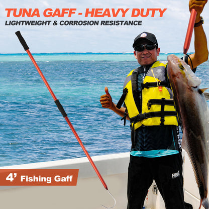 Stainless steel  Fishing Gaff Hook ideal for capturing various large fish species like tuna, flagfish, steelhead, salmon, fly, kayak, catfish, flounder, bass, trout, and striper. This harpoon-like gigging spear, equipped with a pole and a sturdy hook