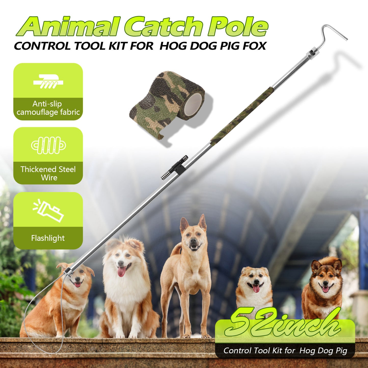 Dog Catcher Pole serves as an Animal Control Tool Kit for dogs, pigs, foxes, hogs, and various wildlife. 52 inches and features a built-in flashlight for enhanced functionality.