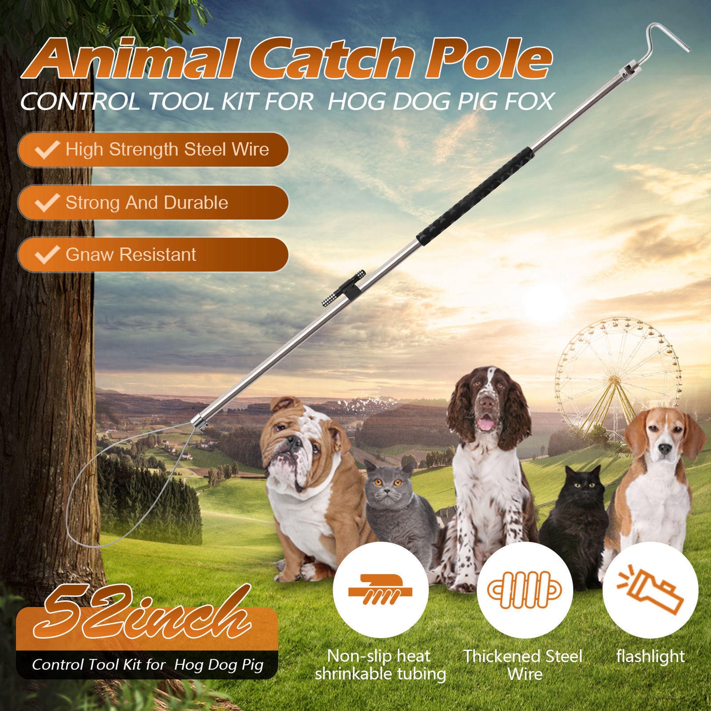 Dog Catcher Pole /Animal Catch Pole Control Tool Kit, designed for managing dogs, pigs, foxes, hogs, and various wildlife. 52 inches, it comes equipped with a flashlight for added functionality.