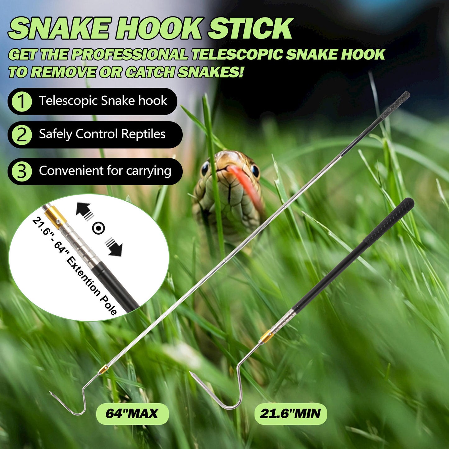 Snake Catcher Hook Stick Tongs Grabber Handling Tool Kit for Rattlesnakes Python Coppe 64 inch