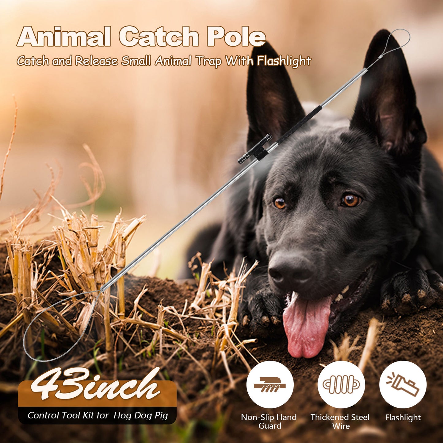 Animal Control Pole Dog Catch Rod Noose Holder Tool for Medium Large Wildlife Handling Dogs Feral Cat Raccoons Hog Pig Fox Coyote Bulldog Wolf Goat