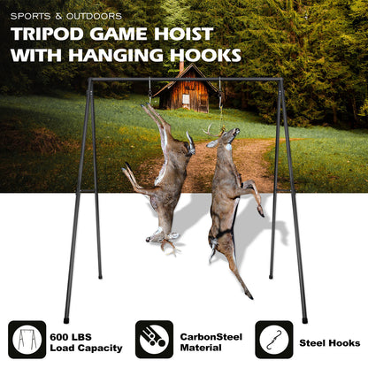 Sturdy Deer Game Hanger Hoist: A Tripod Stand for Deer Hanging, Skinning, and Butchering, Equipped with Two Meat Hooks for Hunting, Fishing, and Animal Dressing - Built for Heavy-Duty Use.