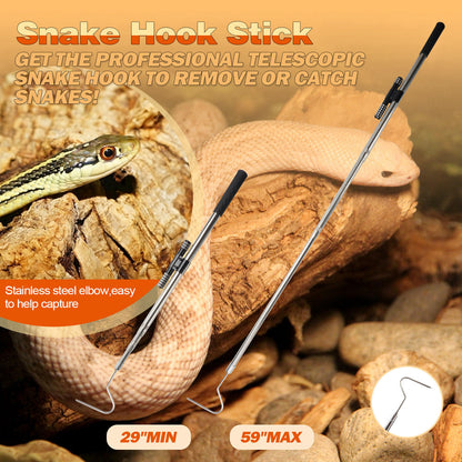 Snake Hook Catcher Tool Kit features a 59-inch tongs grabber hook stick designed for safely handling various snakes, including rattlesnakes, pythons, copperheads, and other reptiles during removal.