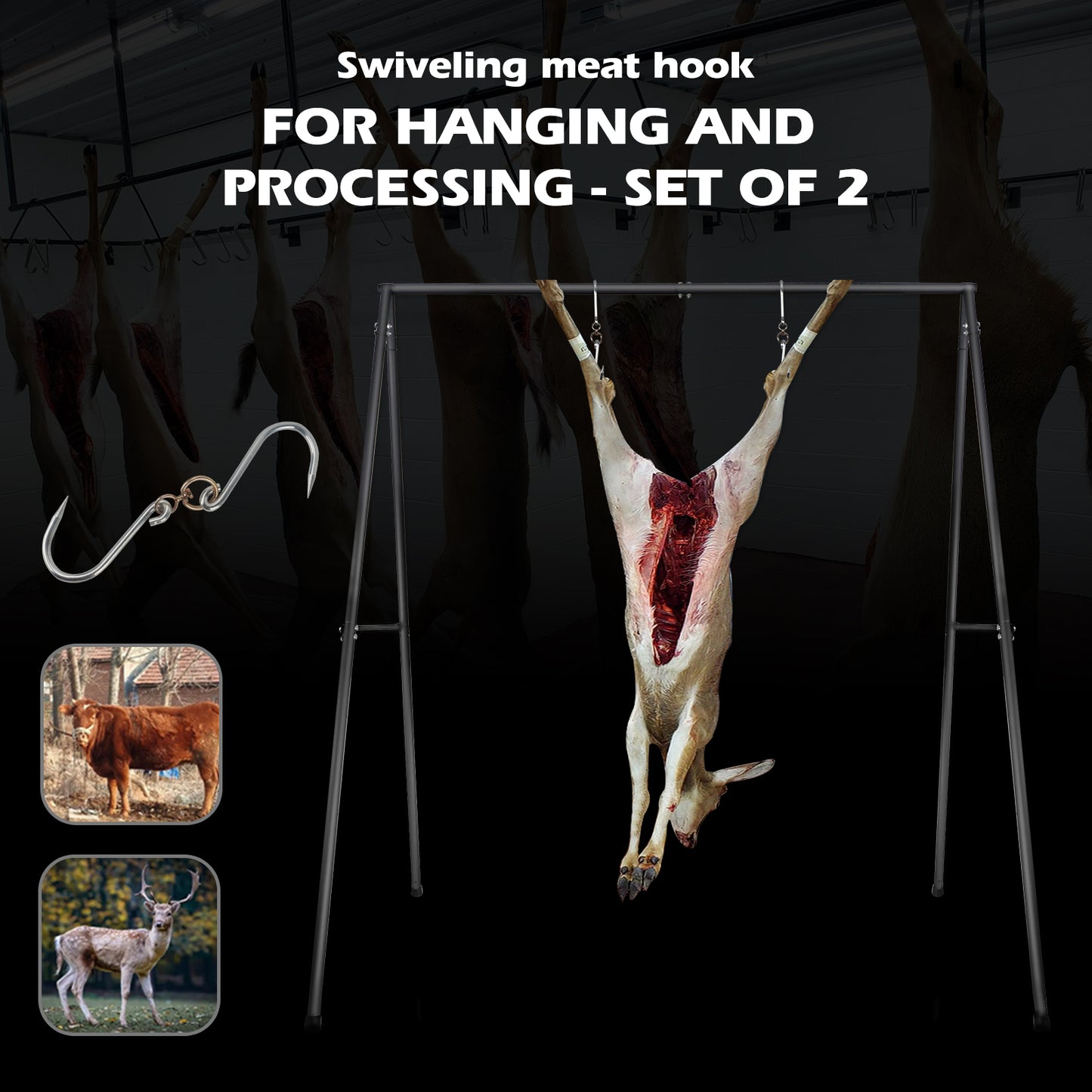 Swiveling Meat Hooks for Tripod Deer Game Hoist: Ideal for Hanging, Smoking, Giant Fish, Meat Processing, and Bacon Hanging.