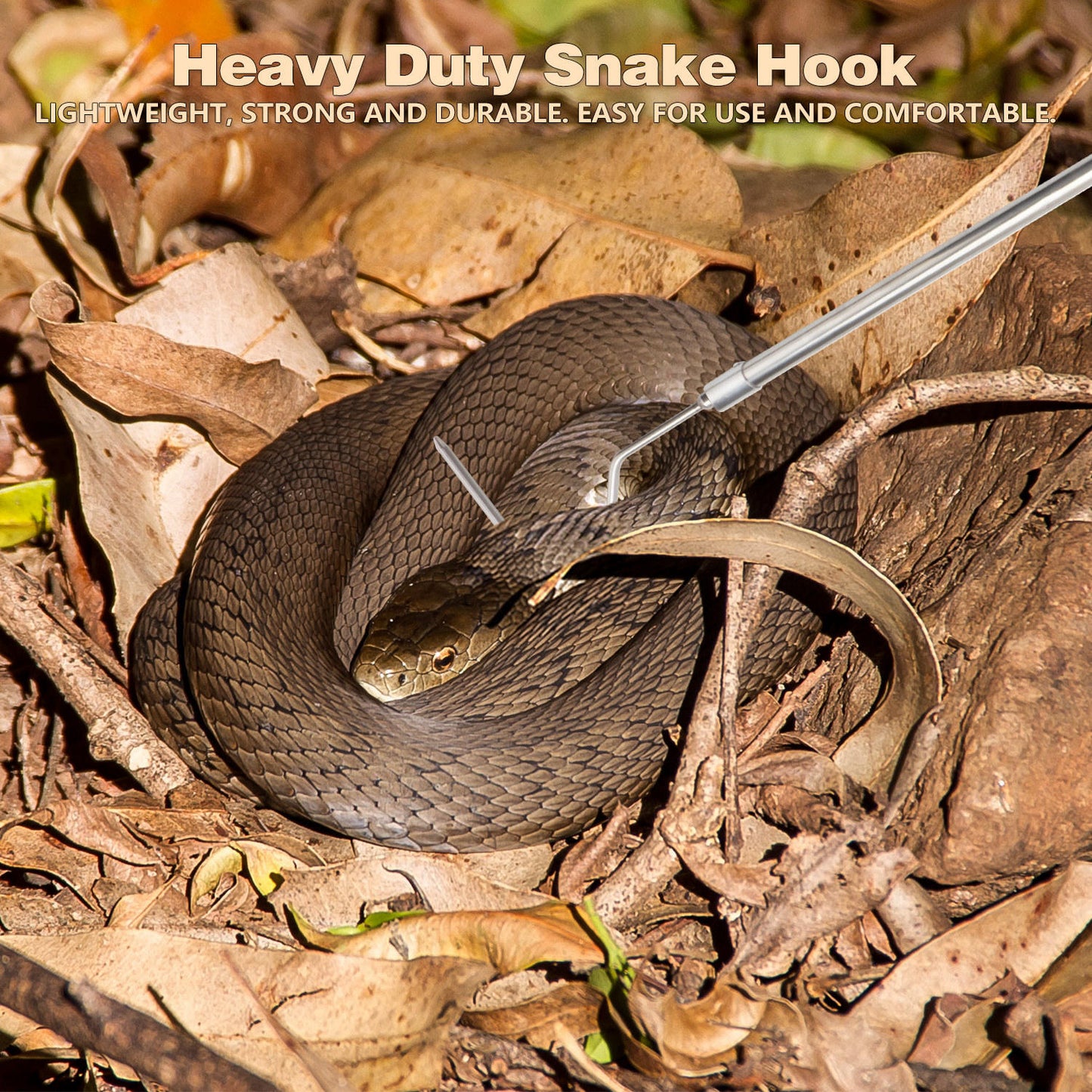 Snake Hook Catcher Tool Kit features a 59-inch tongs grabber hook stick designed for safely handling various snakes, including rattlesnakes, pythons, copperheads, and other reptiles during removal.