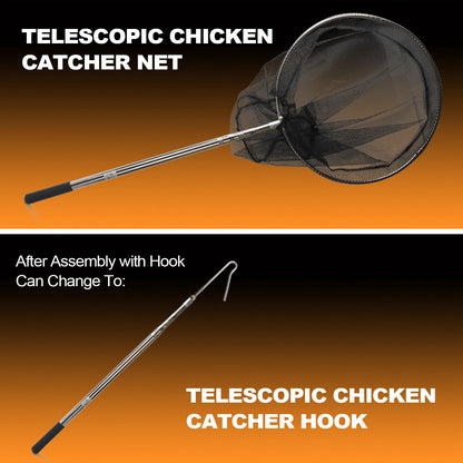 Kit comprising an Animal Catch Net Pole Tool and a Chicken Catcher Leg Hook Tool for animal control, suitable for cats, birds, poultry, and catching small animals