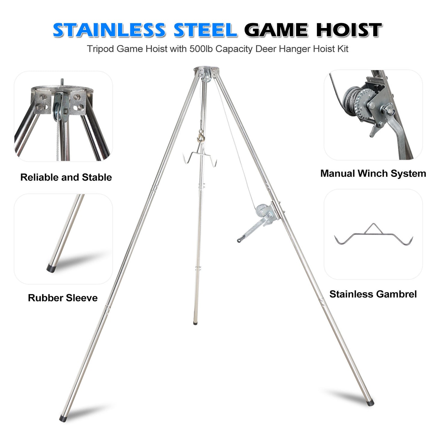 Stainless Steel Deer Game Hoist: A Robust Stand for Hunting, Processing, and Skinning, Equipped with a 500lb Capacity Gambrel and Manual Winch for Heavy-Duty Use.