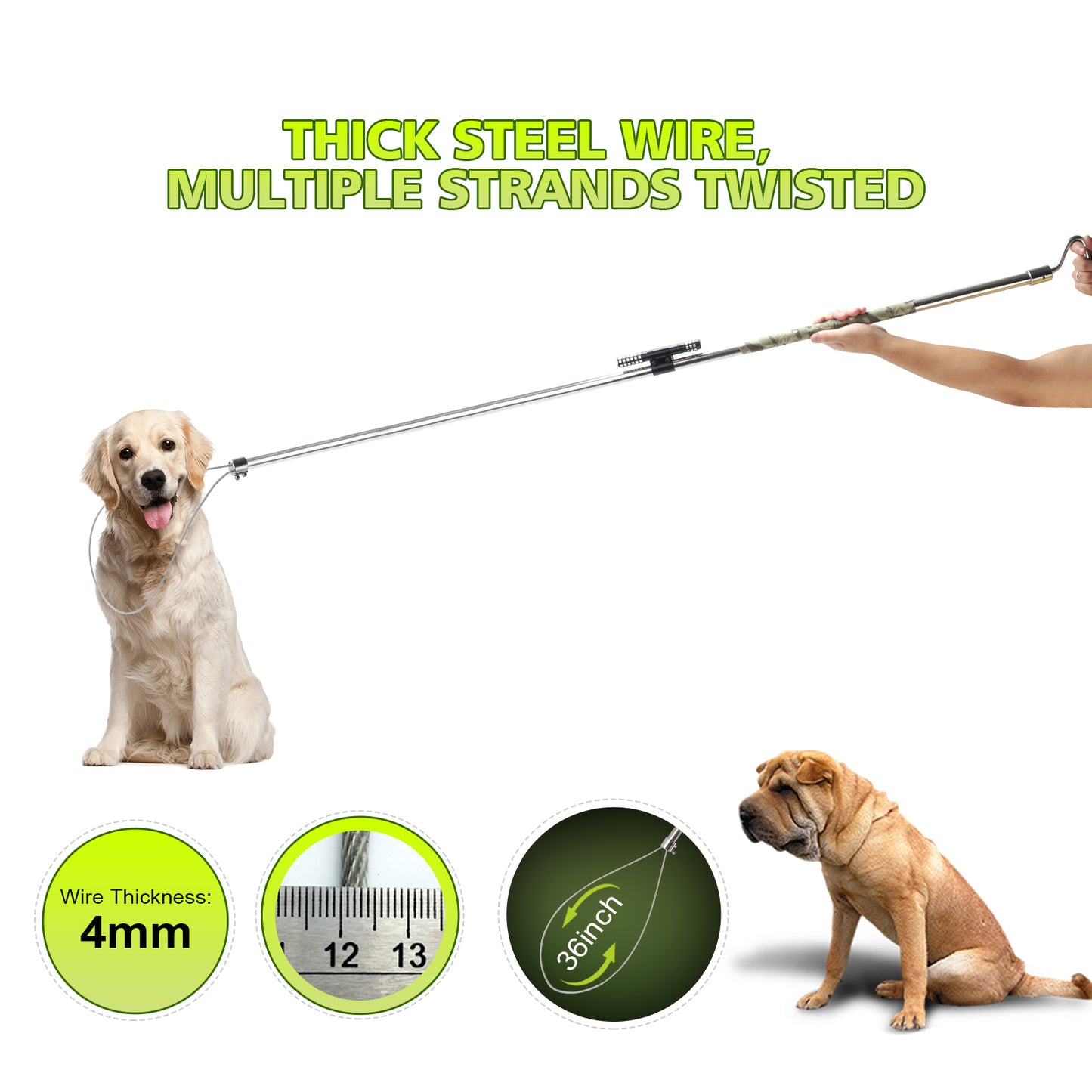 Dog Catcher Pole serves as an Animal Control Tool Kit for dogs, pigs, foxes, hogs, and various wildlife. 52 inches and features a built-in flashlight for enhanced functionality.