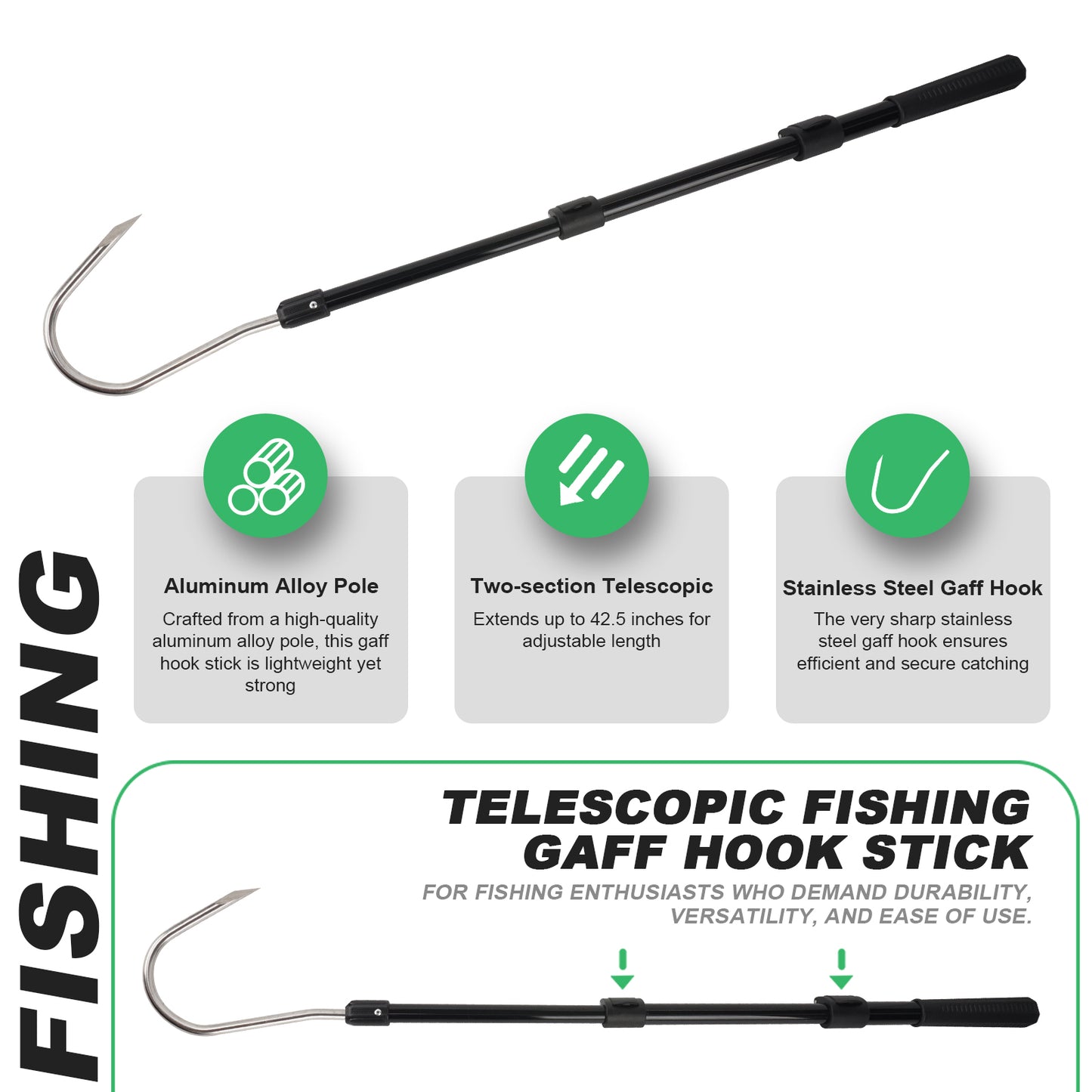 Fishing Gaff Spear Hook Stick with Stainless Gig Hook, Telescopic Aluminium Alloy Pole for Saltwater, Offshore Freshwater Ice Fishing Tool