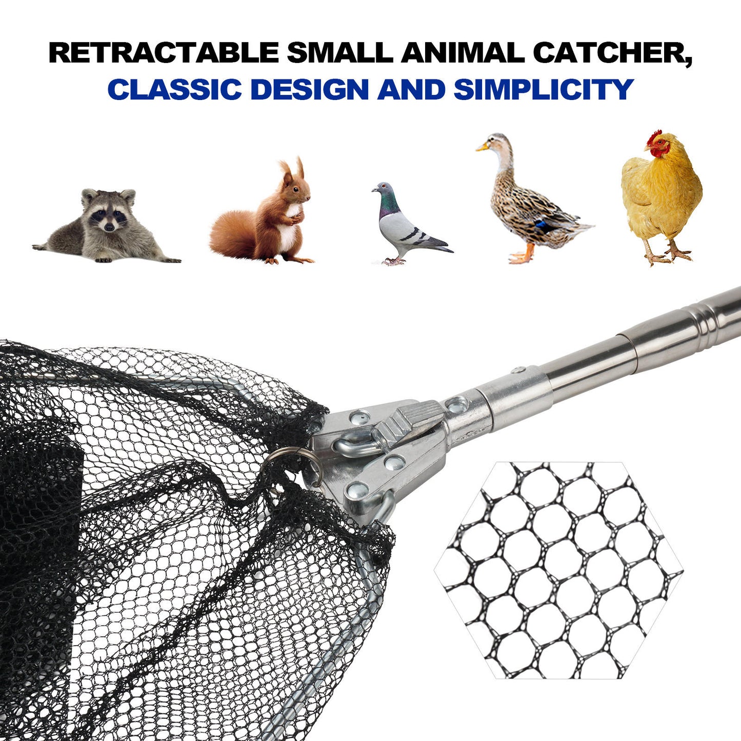 Animal catch net, retractable leg hook pole for chickens, poultry farm tool suitable for turkeys, geese, ducks, fowl, birds, fish, and small animals.