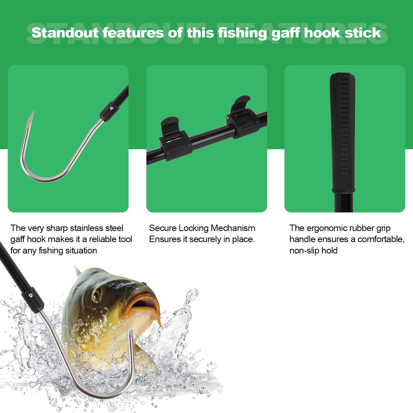 Fishing Gaff Spear Hook Stick with Stainless Gig Hook, Telescopic Aluminium Alloy Pole for Saltwater, Offshore Freshwater Ice Fishing Tool