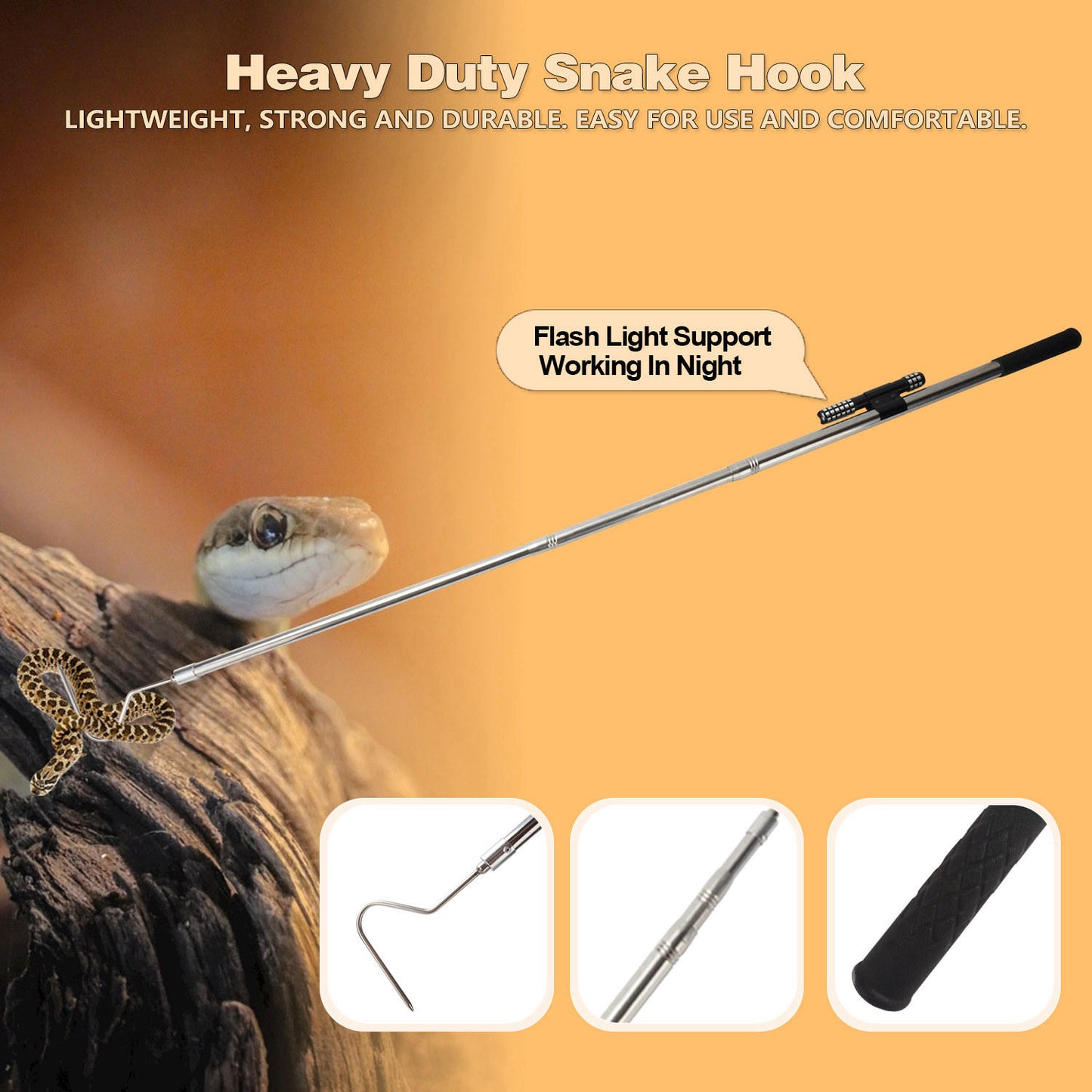 Snake Hook Catcher Tool Kit features a 59-inch tongs grabber hook stick designed for safely handling various snakes, including rattlesnakes, pythons, copperheads, and other reptiles during removal.