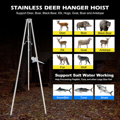 Stainless Steel Deer Game Hoist: A Robust Stand for Hunting, Processing, and Skinning, Equipped with a 500lb Capacity Gambrel and Manual Winch for Heavy-Duty Use.