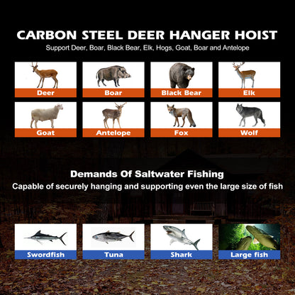 Sturdy Deer Game Hanger Hoist: A Tripod Stand for Deer Hanging, Skinning, and Butchering, Equipped with Two Meat Hooks for Hunting, Fishing, and Animal Dressing - Built for Heavy-Duty Use.