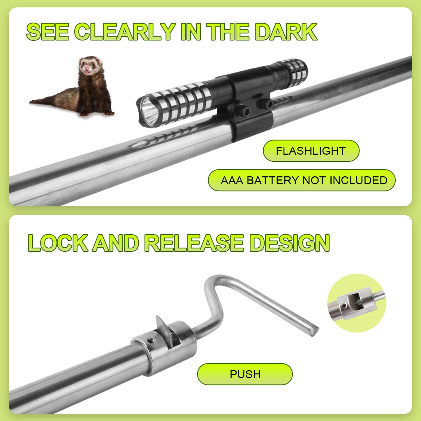 Dog Catcher Pole serves as an Animal Control Tool Kit for dogs, pigs, foxes, hogs, and various wildlife. 52 inches and features a built-in flashlight for enhanced functionality.