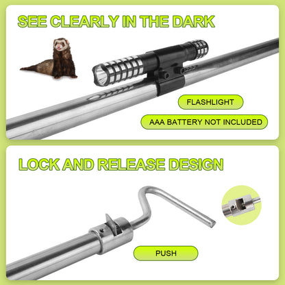 Dog Catcher Pole serves as an Animal Control Tool Kit for dogs, pigs, foxes, hogs, and various wildlife. 52 inches and features a built-in flashlight for enhanced functionality.