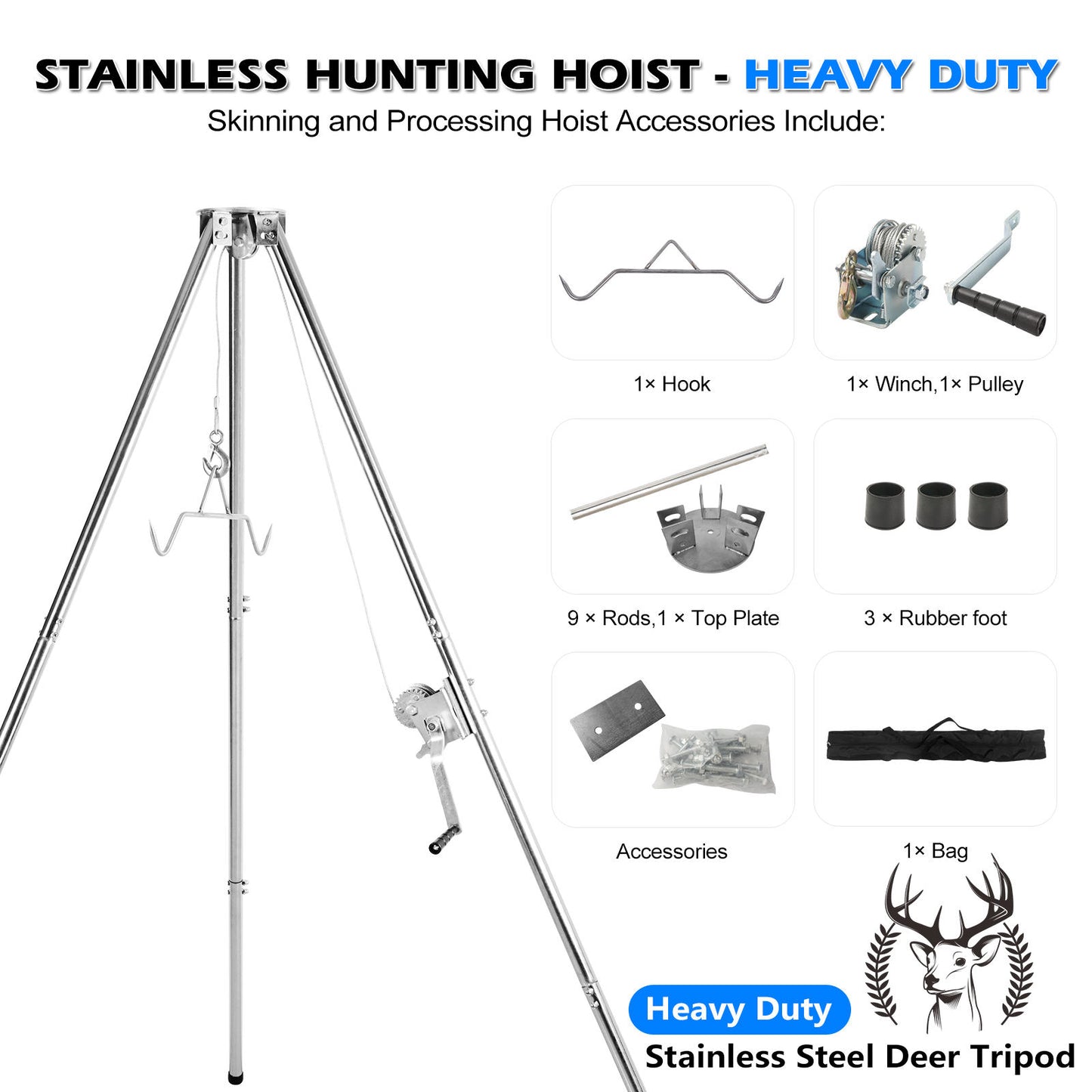 Stainless Steel Deer Game Hoist: A Robust Stand for Hunting, Processing, and Skinning, Equipped with a 500lb Capacity Gambrel and Manual Winch for Heavy-Duty Use.