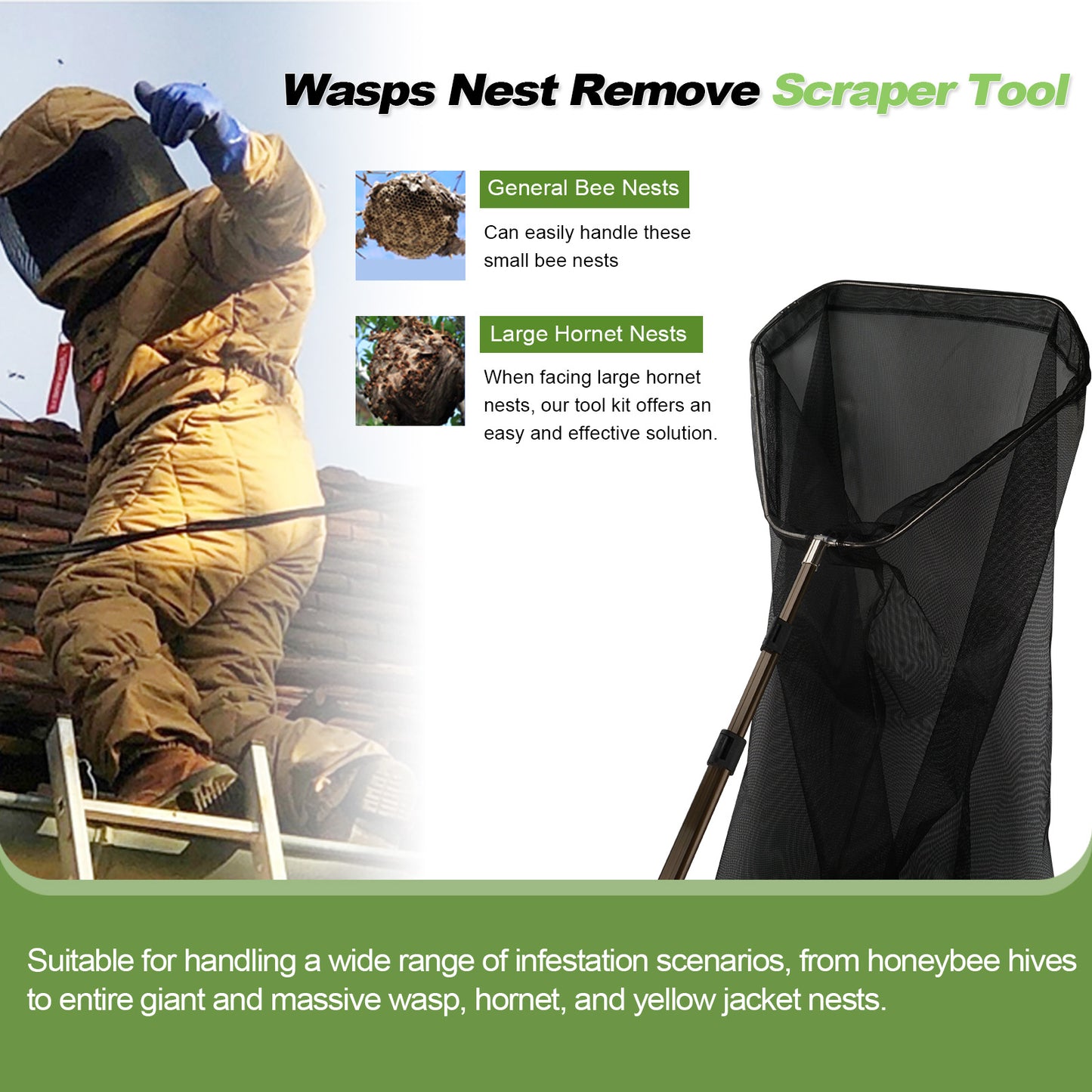 Wasps Hornets Yellow Jacket Nest Remove Tools Scraper Killer Pest Control Cleaning Net Work with Bee Trap Bag Stick Board (Brown Pole Net)