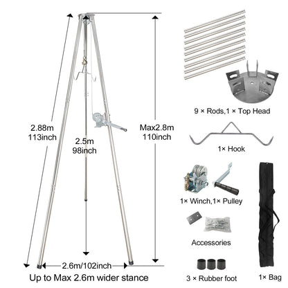 Stainless Steel Deer Game Hoist: A Robust Stand for Hunting, Processing, and Skinning, Equipped with a 500lb Capacity Gambrel and Manual Winch for Heavy-Duty Use.