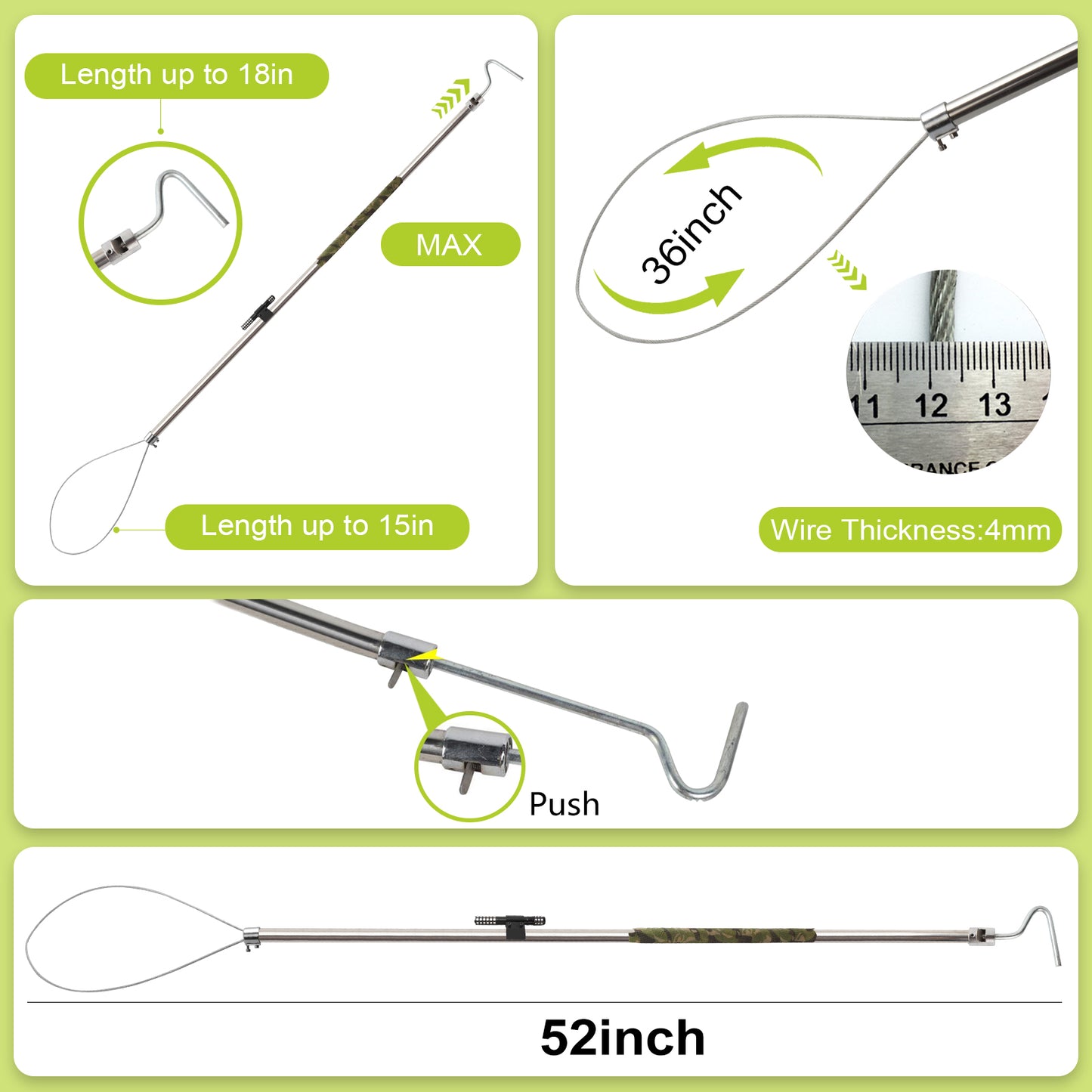 Dog Catcher Pole serves as an Animal Control Tool Kit for dogs, pigs, foxes, hogs, and various wildlife. 52 inches and features a built-in flashlight for enhanced functionality.