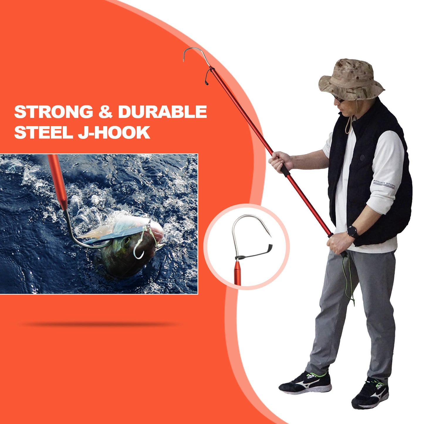 Stainless steel  Fishing Gaff Hook ideal for capturing various large fish species like tuna, flagfish, steelhead, salmon, fly, kayak, catfish, flounder, bass, trout, and striper. This harpoon-like gigging spear, equipped with a pole and a sturdy hook