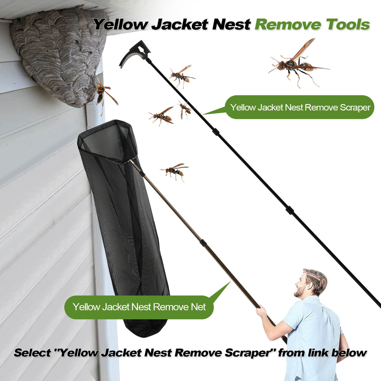 Wasps Hornets Yellow Jacket Nest Remove Tools Scraper Killer Pest Control Cleaning Net Work with Bee Trap Bag Stick Board (Brown Pole Net)