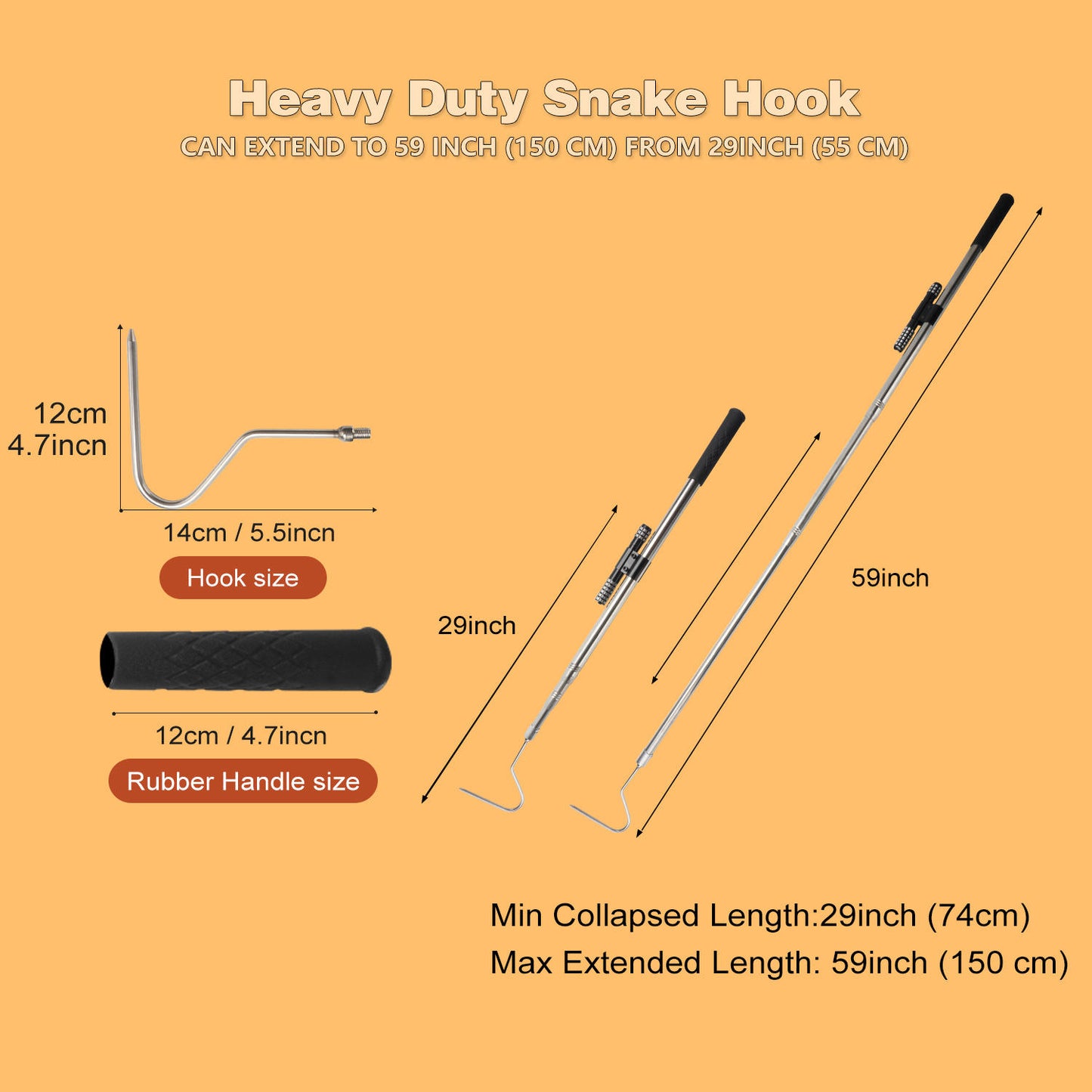 Snake Hook Catcher Tool Kit features a 59-inch tongs grabber hook stick designed for safely handling various snakes, including rattlesnakes, pythons, copperheads, and other reptiles during removal.