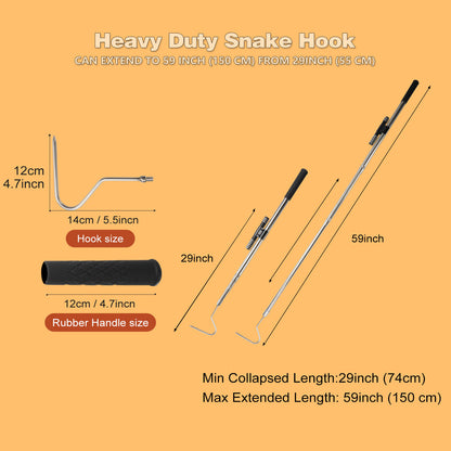 Snake Hook Catcher Tool Kit features a 59-inch tongs grabber hook stick designed for safely handling various snakes, including rattlesnakes, pythons, copperheads, and other reptiles during removal.