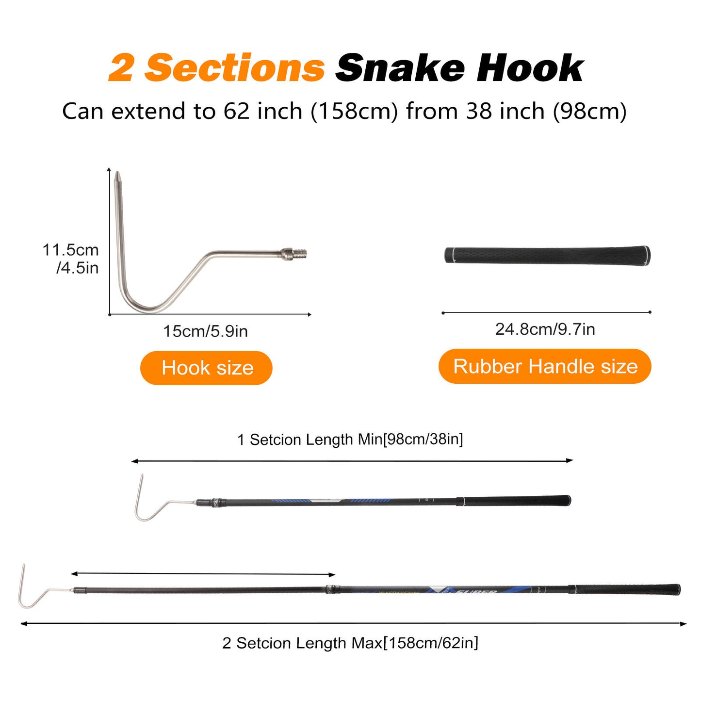 Snake Hook Catcher Stick Tongs Grabber Handling Tool Kit for Rattlesnakes Python Copperhead Removal Catching( 2 Sections) 62 inch