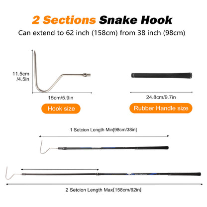 Snake Hook Catcher Stick Tongs Grabber Handling Tool Kit for Rattlesnakes Python Copperhead Removal Catching( 2 Sections) 62 inch