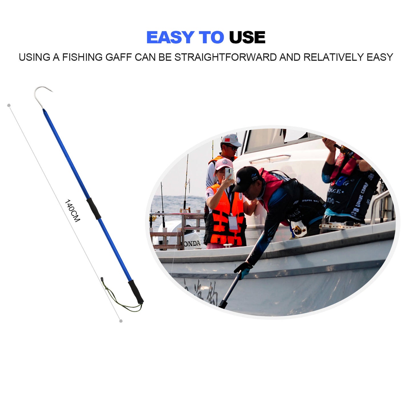 Fishing Gaff for anglers, featuring a stainless steel Gaff Hook designed specifically for capturing large fish like tuna, flagfish, steelhead, salmon, fly, kayak, catfish, flounder, bass, trout and striper