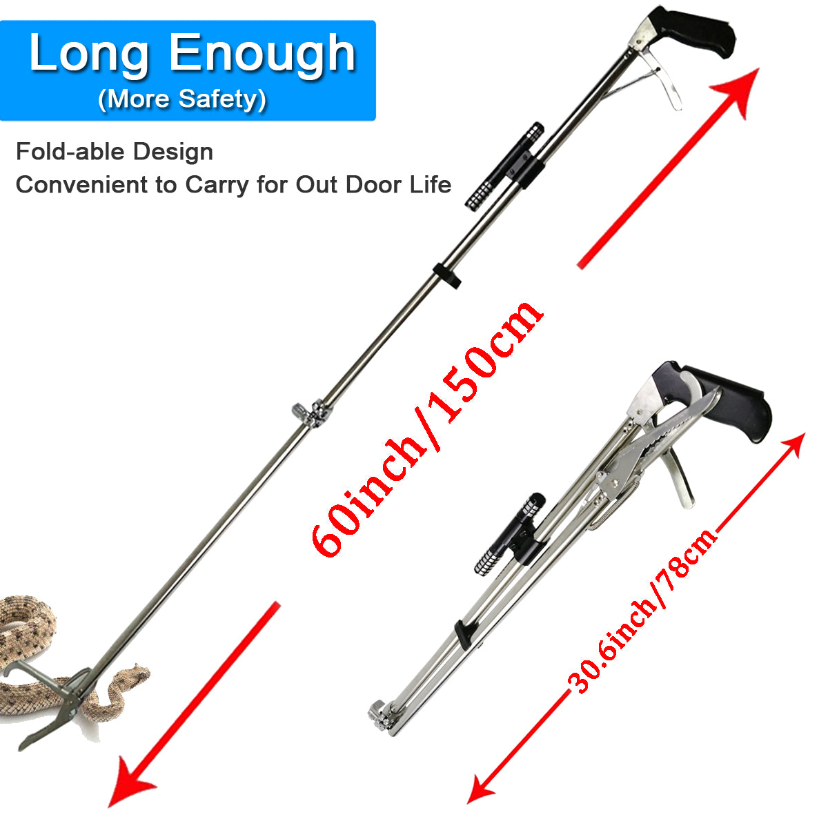 Snake Catcher Reptile Grabber Tongs Wide Jaw Handling Stick Tool Alloy Rattlesnake Handling Tool Kit-60 Inch